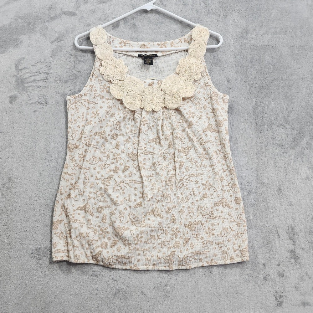 NEW Susan Lawrence Tank Womens M Beige Floral Rosette Scoop Neck Stretch Knit